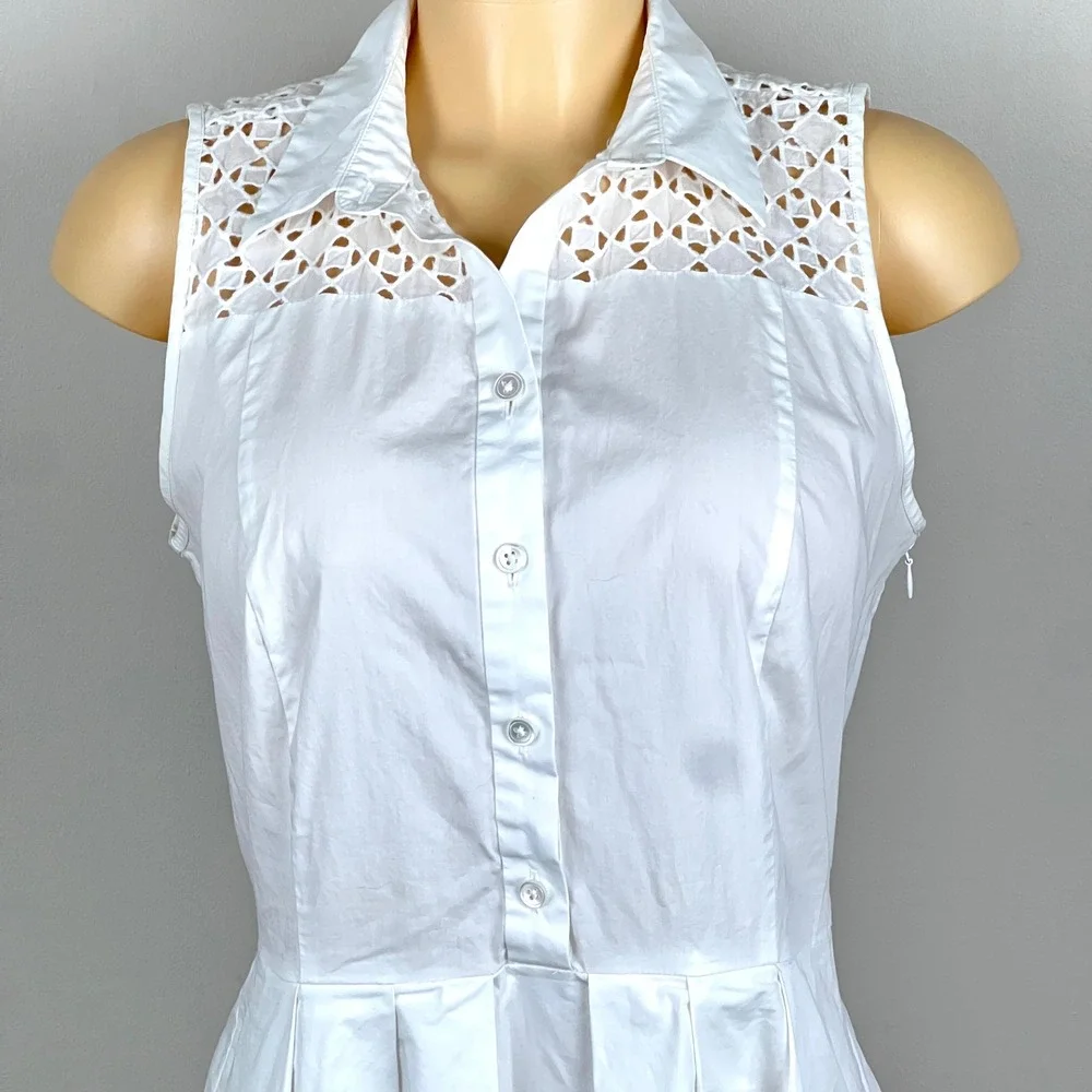 Ann Taylor Dress Eyelet Lace Fit & Flare 6 White Sleeveless Shirtdress Summer - Picture 4 of 13